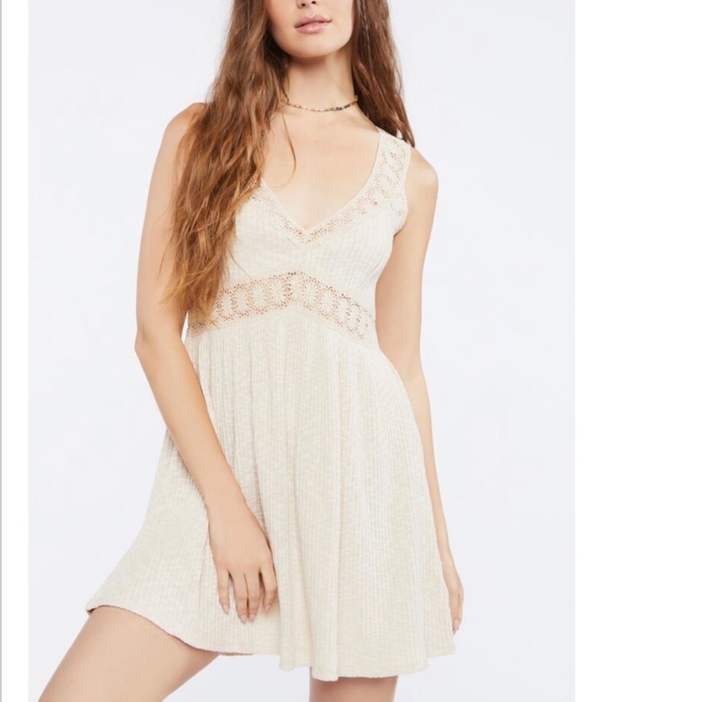 Floral crochet lace cream beige dress rib knit open back tie lace flare …